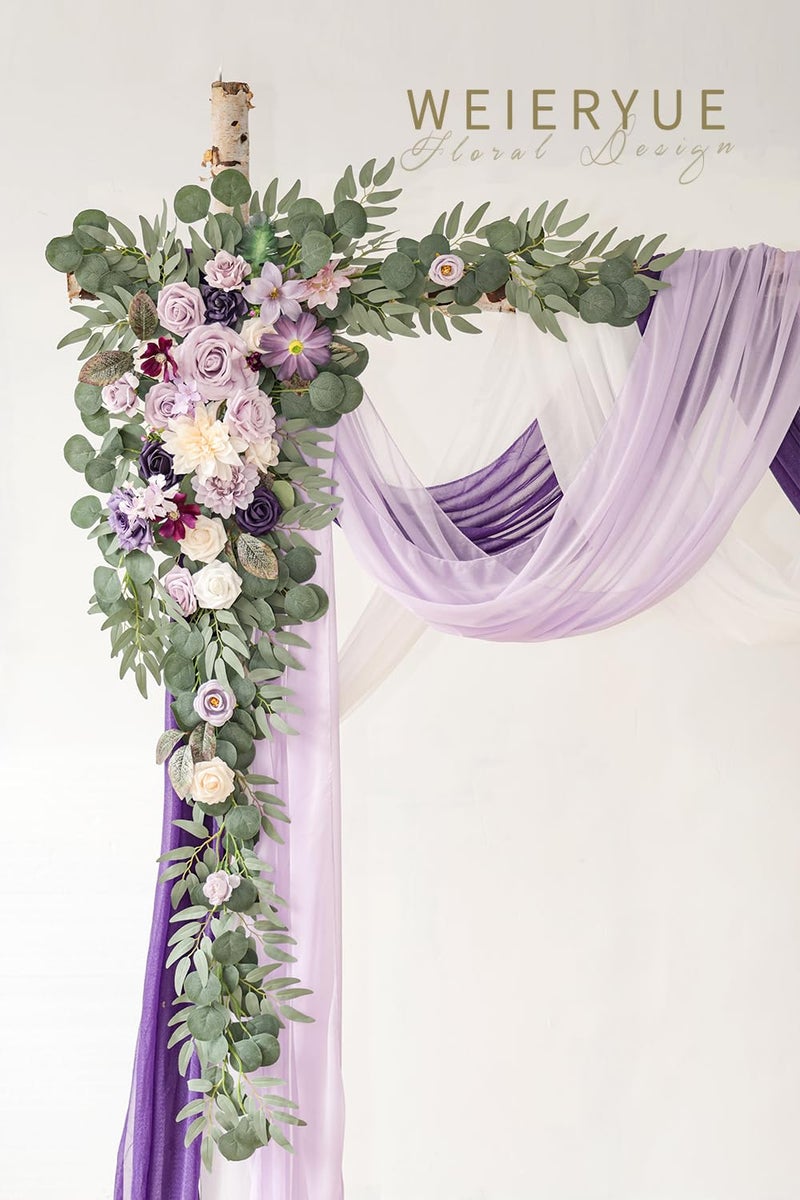 WEIERYUE Deluxe Purple Artificial Wedding Arch Flowers with Drapes Kit-Pack of 5, 2pcs Flower Arrangements 3pcs Hanging Sheer Drapes Blue Ceremony Arbor Reception Backdrop Rose Floral Decorations. - Image 3