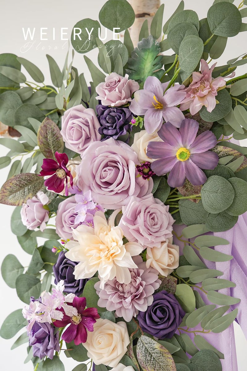 WEIERYUE Deluxe Purple Artificial Wedding Arch Flowers with Drapes Kit-Pack of 5, 2pcs Flower Arrangements 3pcs Hanging Sheer Drapes Blue Ceremony Arbor Reception Backdrop Rose Floral Decorations. - Image 5