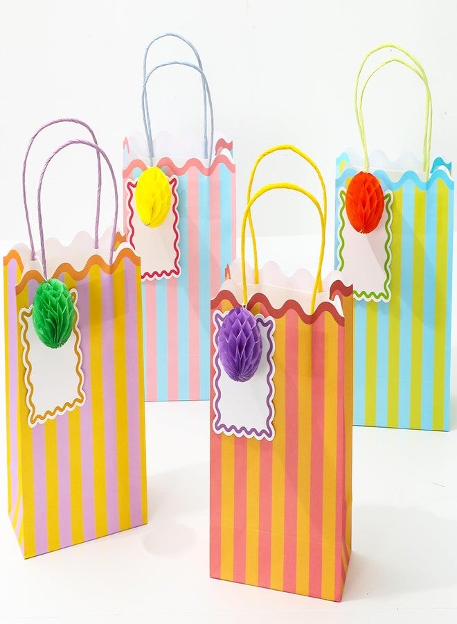 FYSUIMU Colorful Paper Gift Bag with Honeycomb Ball and Tag Stripe Scalloped Treat Bags Candy Goodie Bags for Summer Birthday Party Favors Supplies, 16 Set - Image 1