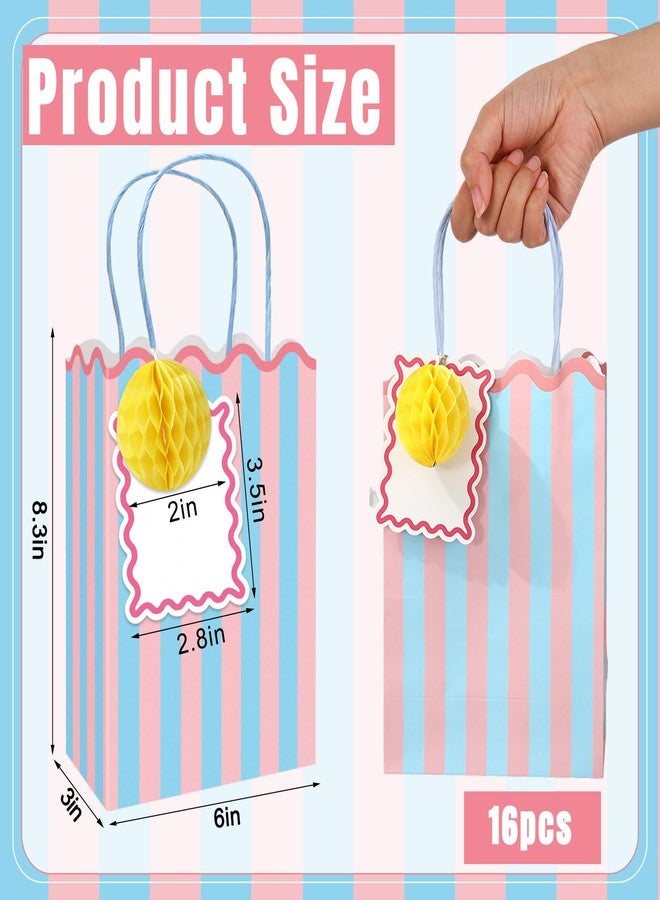 FYSUIMU Colorful Paper Gift Bag with Honeycomb Ball and Tag Stripe Scalloped Treat Bags Candy Goodie Bags for Summer Birthday Party Favors Supplies, 16 Set - Image 2