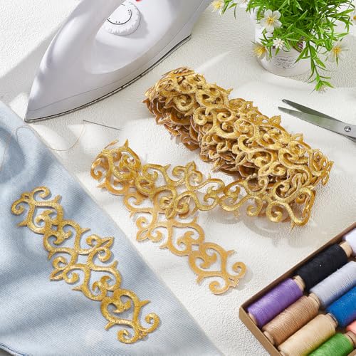 NBEADS About 5.2 Yards Gold Embroidery Polyester Ribbons, 3" Wide Adhesive Cloud Lace Trim Iron on Metallic Flower Lace for Sewing Costumes Gowns Home Decor Garment Accessories - Image 4