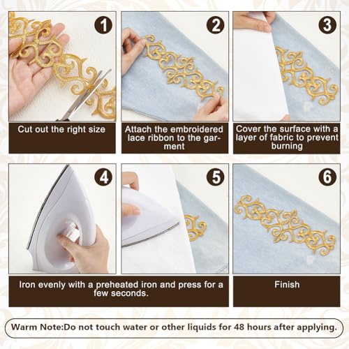NBEADS About 5.2 Yards Gold Embroidery Polyester Ribbons, 3" Wide Adhesive Cloud Lace Trim Iron on Metallic Flower Lace for Sewing Costumes Gowns Home Decor Garment Accessories - Image 3