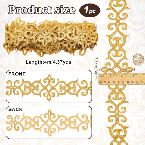 NBEADS About 5.2 Yards Gold Embroidery Polyester Ribbons, 3" Wide Adhesive Cloud Lace Trim Iron on Metallic Flower Lace for Sewing Costumes Gowns Home Decor Garment Accessories - Image 2