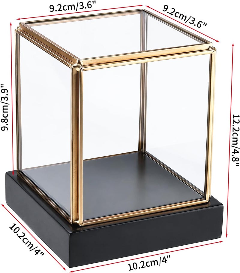 HighFree Vintage Glass Display Box for Collectibles, Gold Display Case with Black Wood Base for Plants Action Fiqurine Models, Clear Keepsake Box, 3.3x3.3x3.6 lnch, Small Square - Image 3