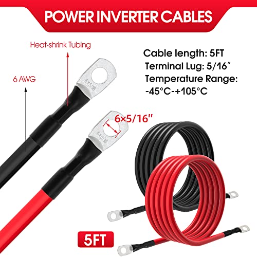 TUELETFU كابلات بطارية 6 AWG كابل طاقة عاكس بطارية 6 قياس مع لقم نحاسية مغطاة بالقصدير بحجم 5/16 بوصة في كلا الطرفين للسولار والبحرية والقوارب وRV والسيارات والدراجات النارية 2 قطع (5 أقدام) - Image 2