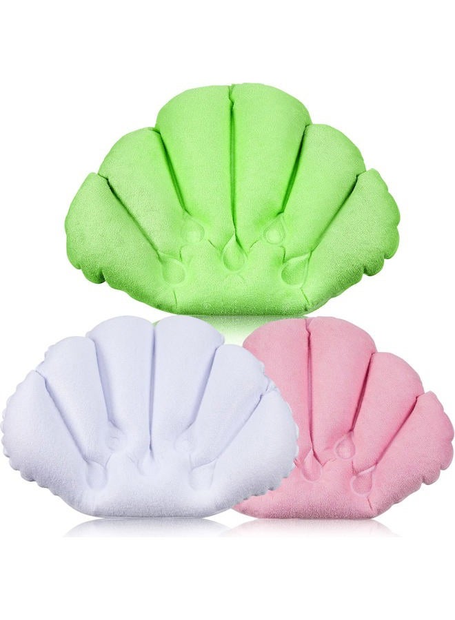 Jetec 3 Pieces Inflatable Bath Pillow with Suction Cups, Terry Cloth Covered Bath Pillow Shell Shape Bathtub Spa Pillow Comfortable Soft Bath Cushion, Neck Support for Bathtub, Hot Tub (Pink, Blue, White) - Image 1