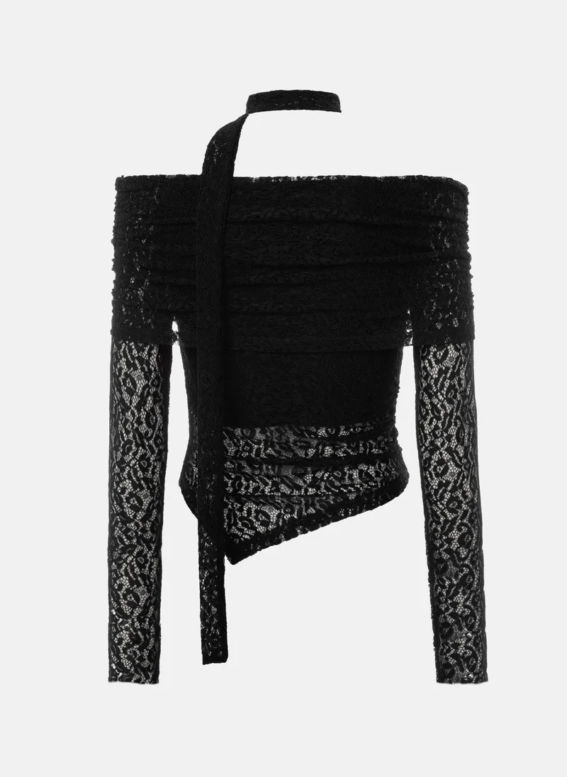 Lichi Lace top with open shoulders and neck ribbon