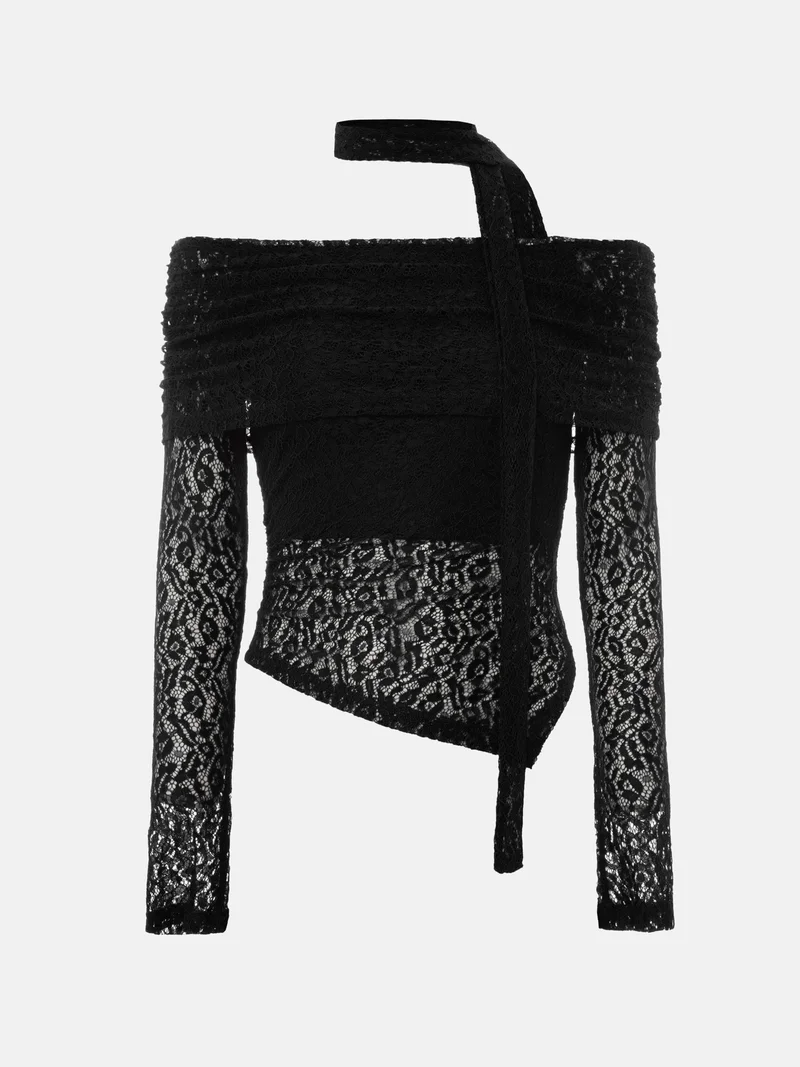 Lichi Lace top with open shoulders and neck ribbon