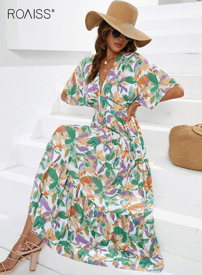 roaiss Women's Summer Floral High Waist Long Dress V Neck 3/4 Sleeve Maxi Dress Ladies Beach Wedding Guest Long Maxi Dresses Elegant Flowy Casual Party Vacation Outfit Lightweight Comfortable  - Image 2