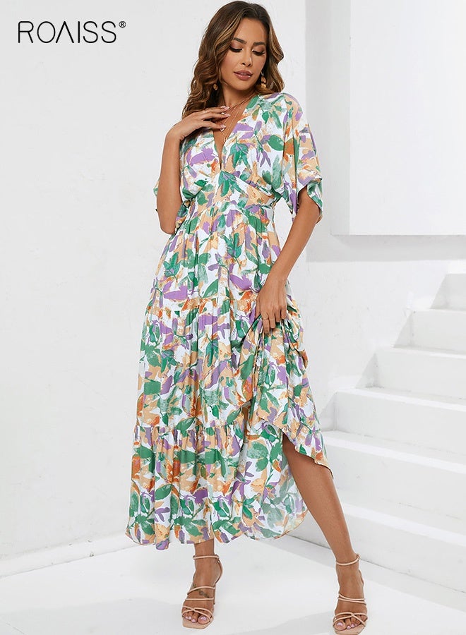 roaiss Women's Summer Floral High Waist Long Dress V Neck 3/4 Sleeve Maxi Dress Ladies Beach Wedding Guest Long Maxi Dresses Elegant Flowy Casual Party Vacation Outfit Lightweight Comfortable  - Image 4
