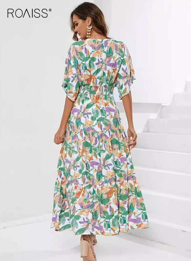 roaiss Women's Summer Floral High Waist Long Dress V Neck 3/4 Sleeve Maxi Dress Ladies Beach Wedding Guest Long Maxi Dresses Elegant Flowy Casual Party Vacation Outfit Lightweight Comfortable  - Image 3