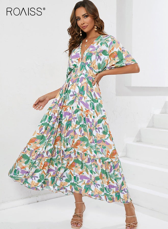roaiss Women's Summer Floral High Waist Long Dress V Neck 3/4 Sleeve Maxi Dress Ladies Beach Wedding Guest Long Maxi Dresses Elegant Flowy Casual Party Vacation Outfit Lightweight Comfortable  - Image 1