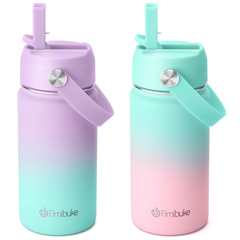 Fimibuke Kids Insulated Water Bottle - 14oz BPA-FREE 18/8 Stainless Steel Travel Tumbler Leak Proof Double Wall Vacuum Kid Cup with Straw Metal Water Bottle for School Boys Girlsï¼ˆ2 Pack, Candy/Bubbleï¼‰ - Image 1