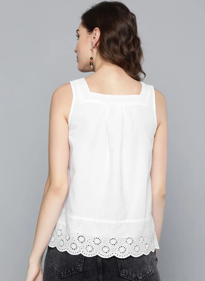 SASSAFRAS White Schiffli Embroidered Cotton Top for Women