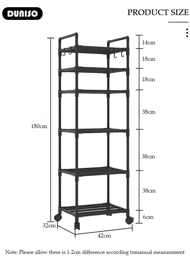 DUNISO رفوف تخزين 6 طبقات، منظم رف المطبخ المستقر، رف تخزين معدني مع عجلات متحركة ومسند ذراع، رف قائم قابل للإزالة مع 4 خطافات، رف متعدد الاستخدامات، وحدة رفوف لغرفة الغسيل، غرفة المعيشة، المرآب، المخزن، غرفة الدراسة - Image 2