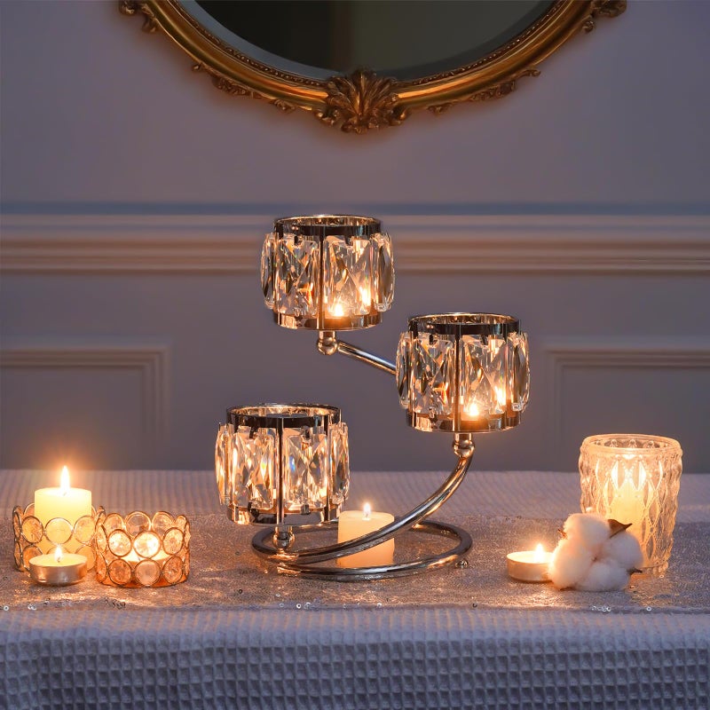 kolnlala Metal 3 Arm Crystal Candle Holder - Tea Light Centerpiece Candle Holder, Votive Holder with Sparkling Crystal Bowl, Suitable for Wedding, Table Centerpiece, Home Decor (1, 3 arm-Silver) - Image 1