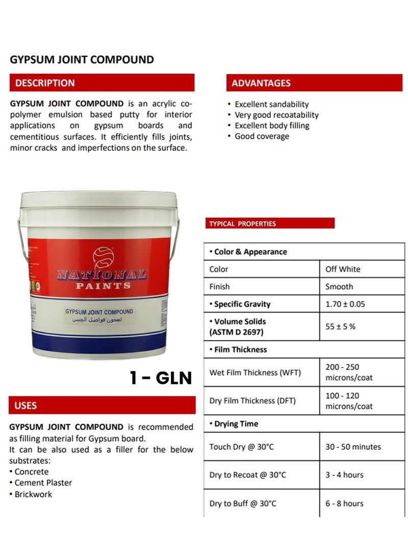 National Paints Gypsum Joint Compound – Acrylic Copolymer Based Interior Putty for Gypsum Boards & Cement Surfaces | Crack & Joint Filler for Smooth Finish  5Kg - Image 3