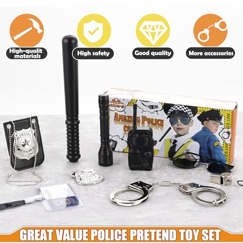 3 otters 9PCS Police Pretend Play Toy Set, Police Accessories for Kids Include Badge, Handcuffs, Walkie, and More for Dress Up Party, Role-playing, Christmas Gift for Kids - Image 4