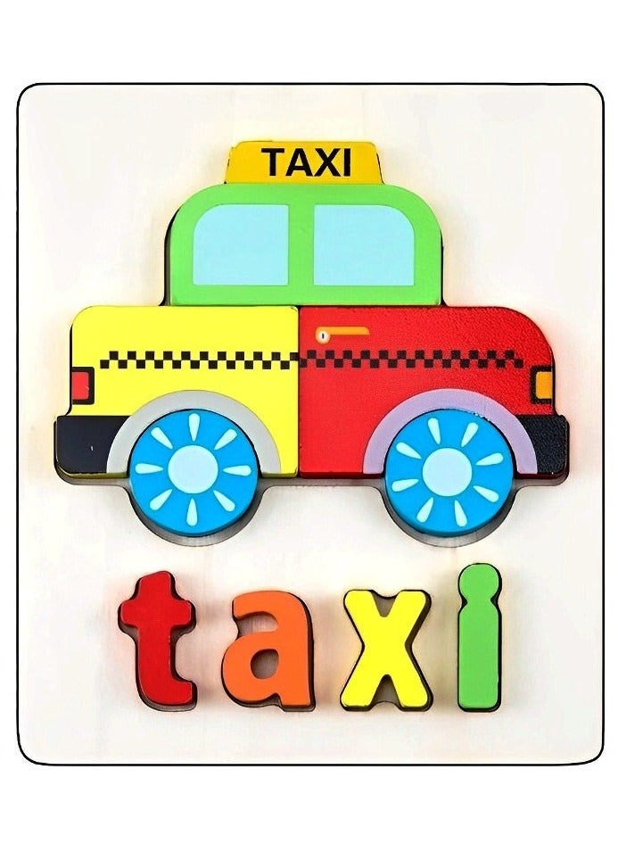ألغاز خشبية ثلاثية الأبعاد مصممة لتعليم الأطفال الأشكال مع مسمياتها، أدوات دعم التعليم المبكر للآباء والمعلمين، ألوان وأنماط جذابة، تنمية المهارات الحركية من مونتيسوري، هدايا رائعة (شكل سيارة أجرة) - Image 1
