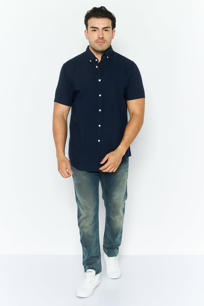 Threadbare Men Slim Fit Embroidered Short Sleeves Casual Shirt, Navy Blue - Image 2