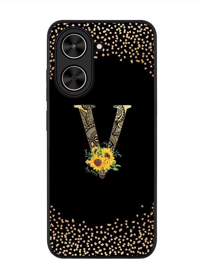 Stylizedd For Xiaomi Poco C71 / Redmi A5 4G Case,Slim fit Camera Protection, Shockproof Thin Phone cover  - Custom Floral Monogram - V ( Black )