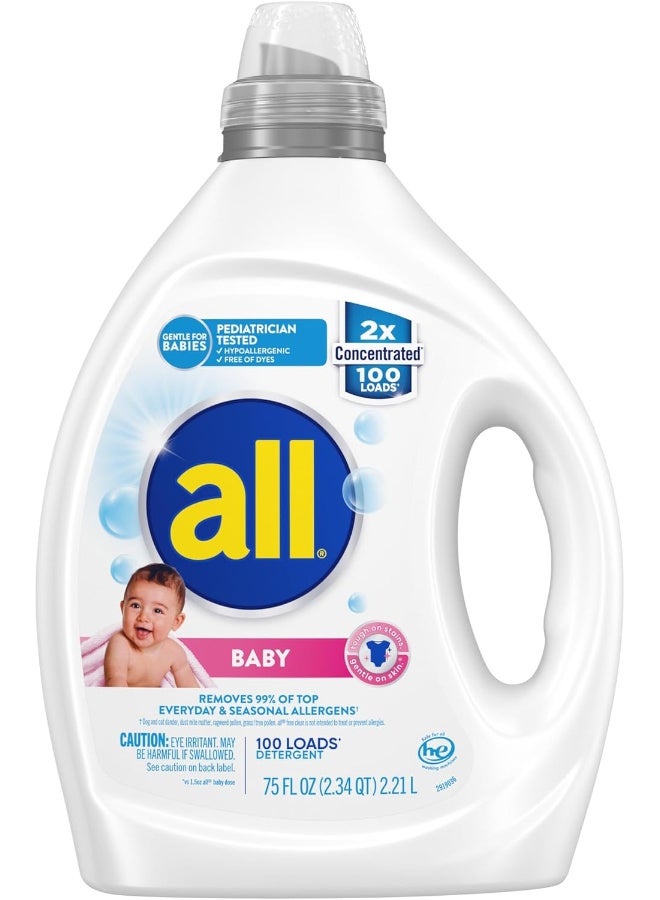 All Liquid Laundry Detergent, Gentle for Baby, Unscented and Hypoallergenic, 2X Concentrated, 100 Loads - Image 1