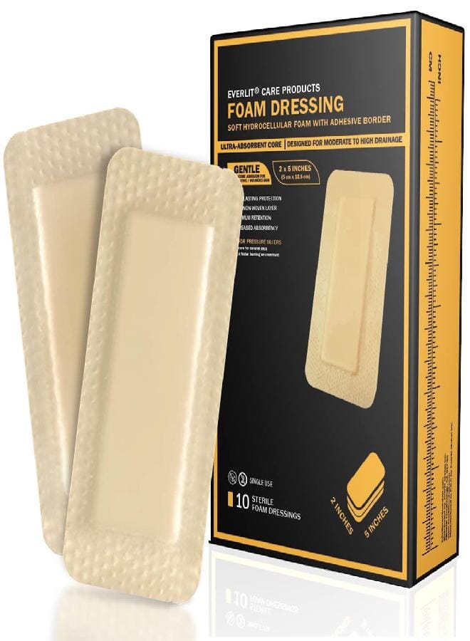 EVERLIT Silicone Foam Dressing with Gentle Adhesive Border | Sterile, Highly Absorbent, Waterproof Hydrocellular Foam Bandages | Advanced Wound Care for Bed Sores, Pressure Ulcers (2" x 5" | 10 Pack) - Image 1