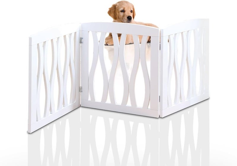 Etna Wooden Pet Gate Foldable and Freestanding For Indoor Home and Office Use Keeps Pets Safe White Cascade Wave Decorative Design Easy Set Up No Tools Required - Image 1