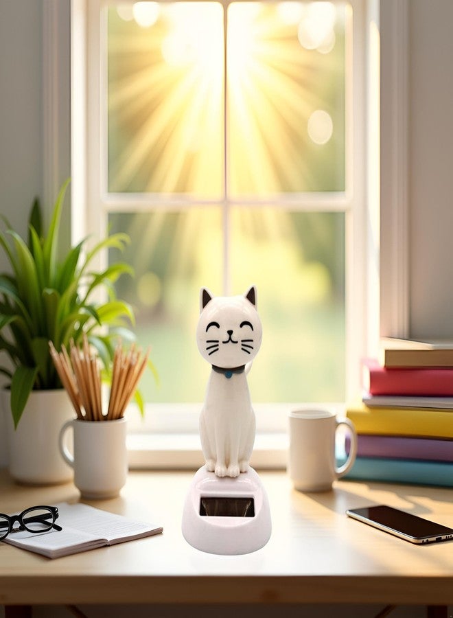 Junfamilee White Cat Solar Powered Decor, Cute Swing Animal Dancing Dolls Car Dashboard Ornament, Solar Shaking Cat Desktop Decoration for Home Office, Decor, Solar Power Kits - Image 4