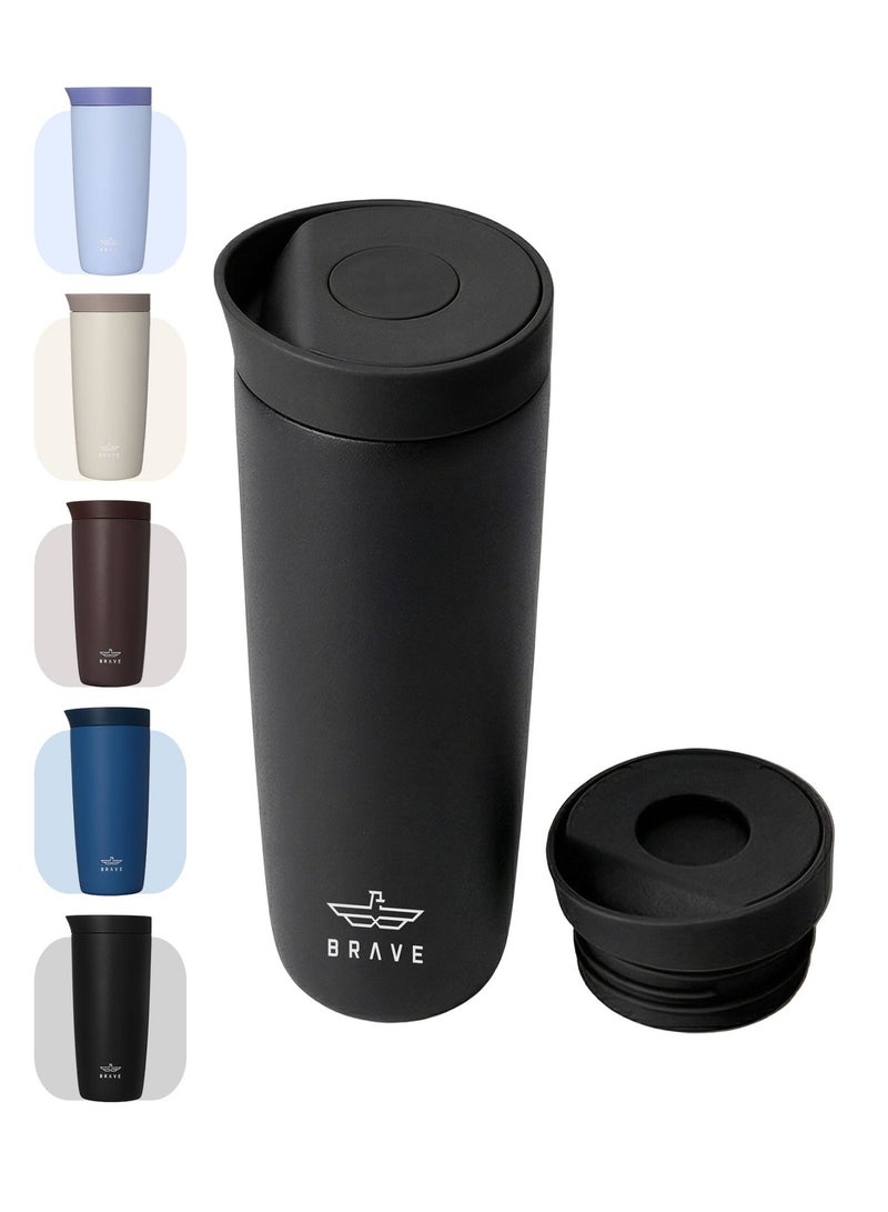 Brave Insulated Travel Mug 500ml Stainless Steel Coffee Cup with Push Button Lid, Double Wall Vacuum Flask Thermos, Leakproof Tumbler for Hot & Cold Drinks, Keeps Hot 8 Hours Cold 24 Hours, Portable Durable Coffee Tea Water Mug, Cup Holder Friendly Travel Tumbler (Black) - Image 1