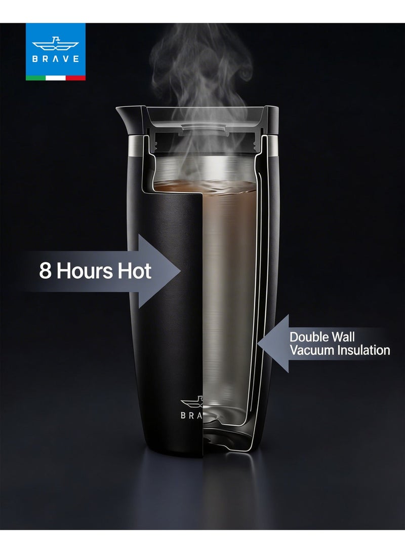 Brave Insulated Travel Mug 500ml Stainless Steel Coffee Cup with Push Button Lid, Double Wall Vacuum Flask Thermos, Leakproof Tumbler for Hot & Cold Drinks, Keeps Hot 8 Hours Cold 24 Hours, Portable Durable Coffee Tea Water Mug, Cup Holder Friendly Travel Tumbler (Black) - Image 4