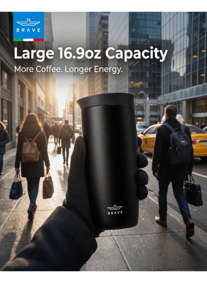 Brave Insulated Travel Mug 500ml Stainless Steel Coffee Cup with Push Button Lid, Double Wall Vacuum Flask Thermos, Leakproof Tumbler for Hot & Cold Drinks, Keeps Hot 8 Hours Cold 24 Hours, Portable Durable Coffee Tea Water Mug, Cup Holder Friendly Travel Tumbler (Black) - Image 3
