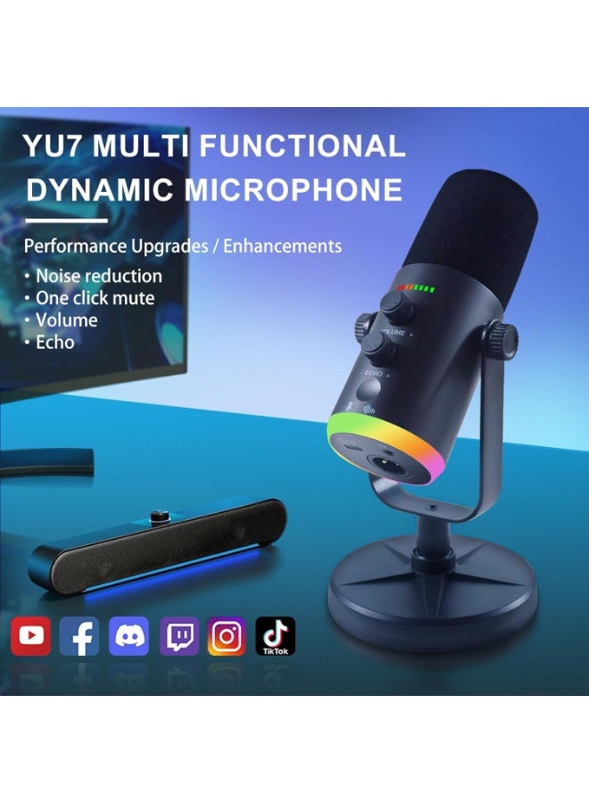 ميكروفون ألعاب ديناميكي YU7 ثنائي الوضع USB/XLR من Yamnweo مع إضاءة RGB وتقليل الضوضاء لجهاز PS5/الكمبيوتر/الماك/الجوال، أسود - Image 1