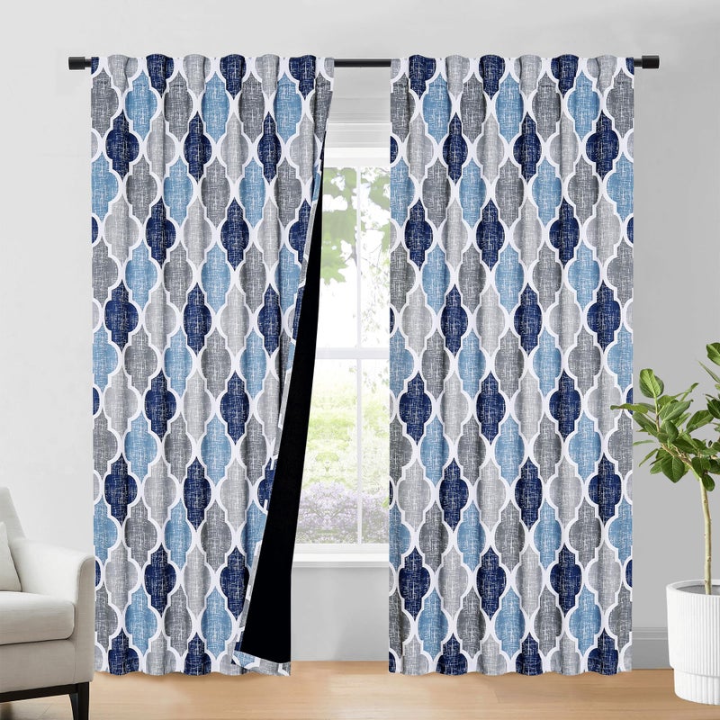 Beauoop 100% Blackout Curtains 84 Inches Long 2 Panels for Bedroom Living Room Blue Grey Moroccan Geo Room Darkening Thermal Insulated Soundproof Rod Pocket Back Tab Window Treatments Drapes, 50x84 - Image 1