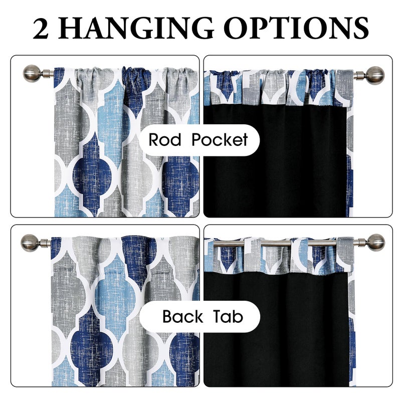 Beauoop 100% Blackout Curtains 84 Inches Long 2 Panels for Bedroom Living Room Blue Grey Moroccan Geo Room Darkening Thermal Insulated Soundproof Rod Pocket Back Tab Window Treatments Drapes, 50x84 - Image 2