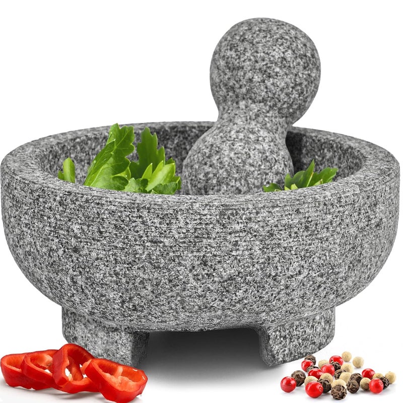 Priority Chef PriorityChef Granite Mortar and Pestle Set - 8 Inch Natural Stone Molcajete Mexicano for Spices, Seasonings, Pastes - Pestle and Mortar Bowl for Fresh Guacamole, Salsa, Pesto, Large, Grey  - Image 1