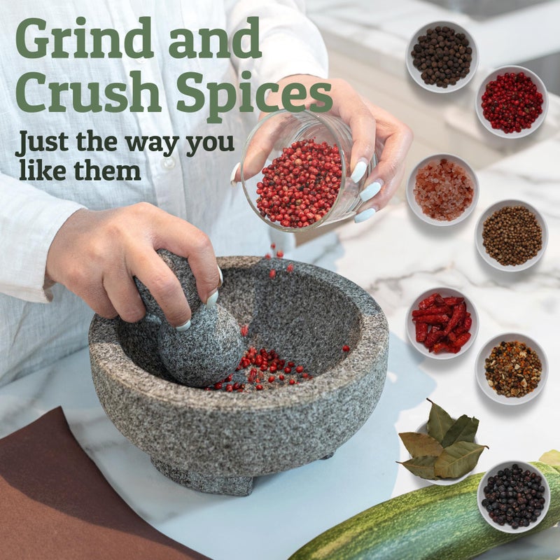 Priority Chef PriorityChef Granite Mortar and Pestle Set - 8 Inch Natural Stone Molcajete Mexicano for Spices, Seasonings, Pastes - Pestle and Mortar Bowl for Fresh Guacamole, Salsa, Pesto, Large, Grey  - Image 3