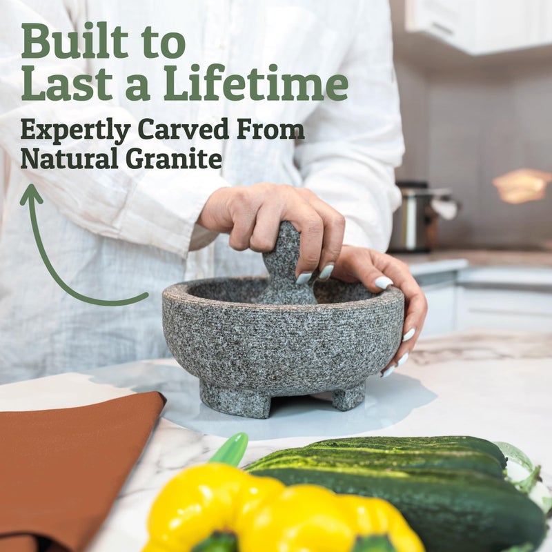 Priority Chef PriorityChef Granite Mortar and Pestle Set - 8 Inch Natural Stone Molcajete Mexicano for Spices, Seasonings, Pastes - Pestle and Mortar Bowl for Fresh Guacamole, Salsa, Pesto, Large, Grey  - Image 2