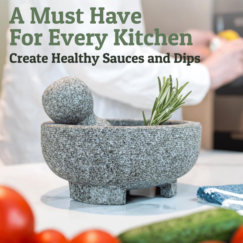 Priority Chef PriorityChef Granite Mortar and Pestle Set - 8 Inch Natural Stone Molcajete Mexicano for Spices, Seasonings, Pastes - Pestle and Mortar Bowl for Fresh Guacamole, Salsa, Pesto, Large, Grey  - Image 4