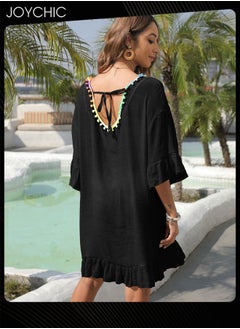 Joychic Women Casual Summer Colorful Tassel Design Loose Ruffled Sleeves Sun Protection Breathable Beach Cover Up for Swimming Pool  - Image 3