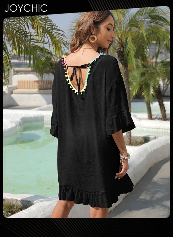 Joychic غطاء شاطئي صيفي ملون بتصميم شرابات للنساء بأكمام فضفاضة ومجعدة لحماية من الشمس وقابل للتنفس للسباحة في المسبح - Image 3