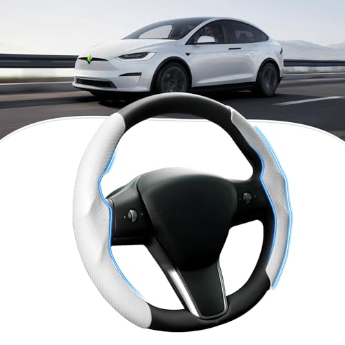 Canvcle Steering Wheel Cover for Telsa Model 3/Model Y Accessories Carbon Fiber Steering Wheel Cover Protector Anti-Slip, Comfortable Grip, Breathable, Model 3/Y Accessories, White - Image 1