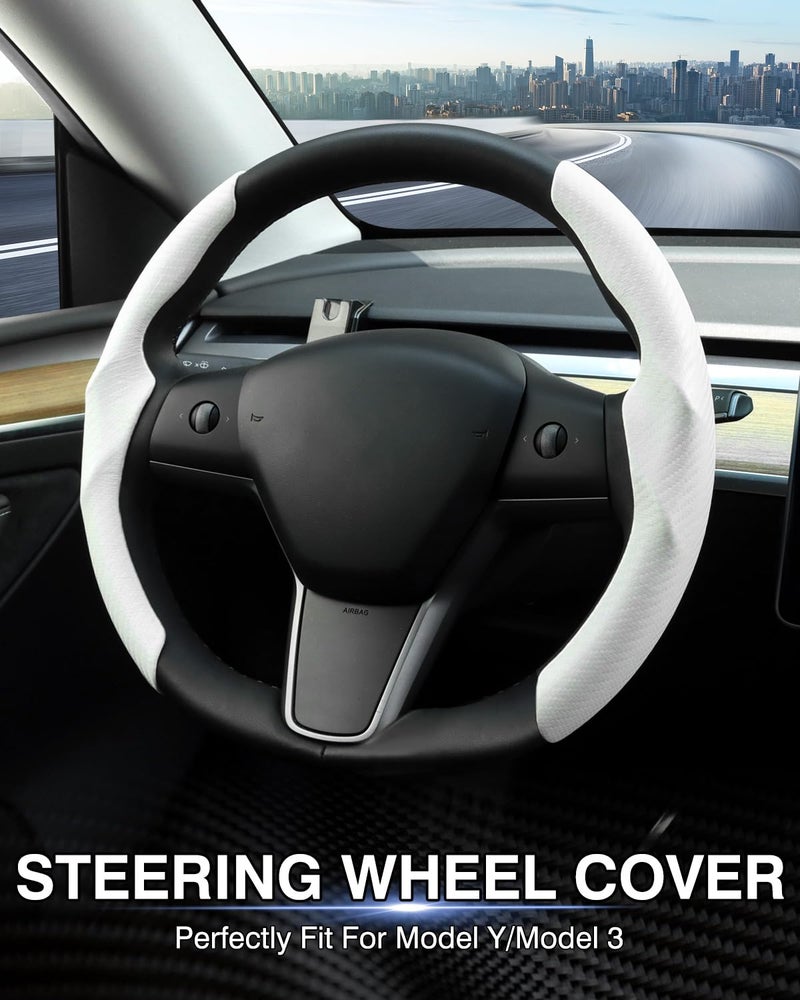 Canvcle Steering Wheel Cover for Telsa Model 3/Model Y Accessories Carbon Fiber Steering Wheel Cover Protector Anti-Slip, Comfortable Grip, Breathable, Model 3/Y Accessories, White - Image 2