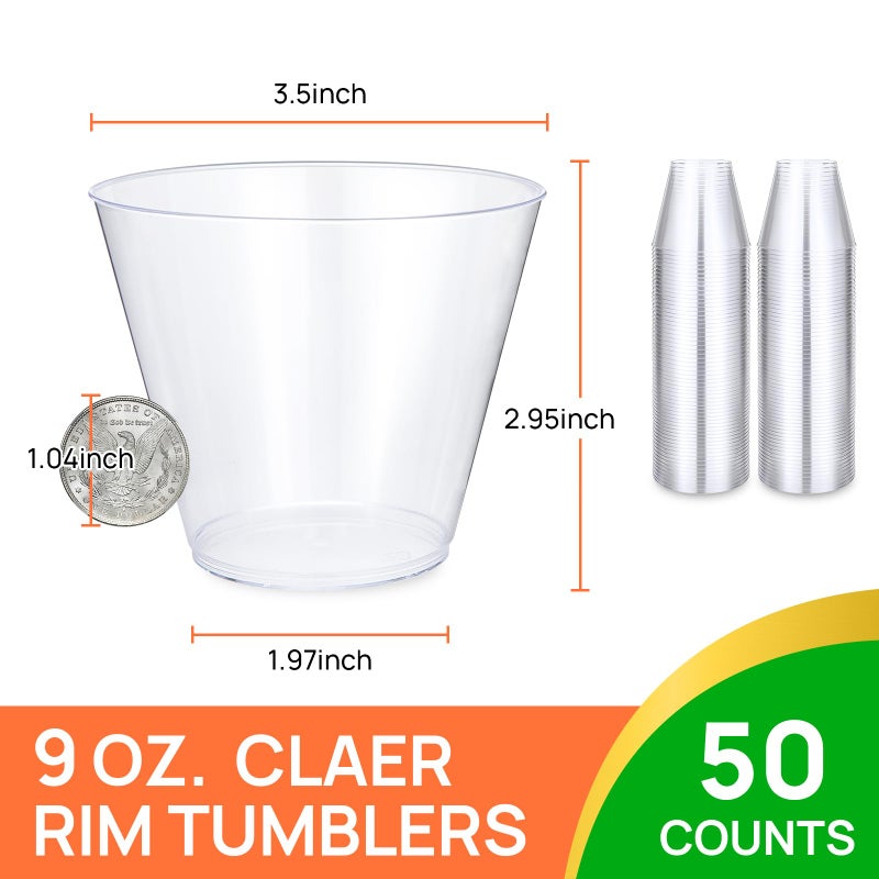 Byvivace 50Counts 9OZ. Clear Plastic Cups  Disposable Cups Classic 9 Ounce Squat Cups Party Tumblers Plastic Wine Glasses Disposable Party Wedding Events - Image 2