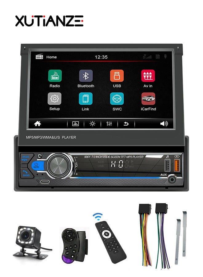 XUTIANZE 7-inch telescopic screen touch screen car MP5 player support location to find the car / dual USB port / AUX port / FM radio / seven-color button light / reverse camera - Image 1