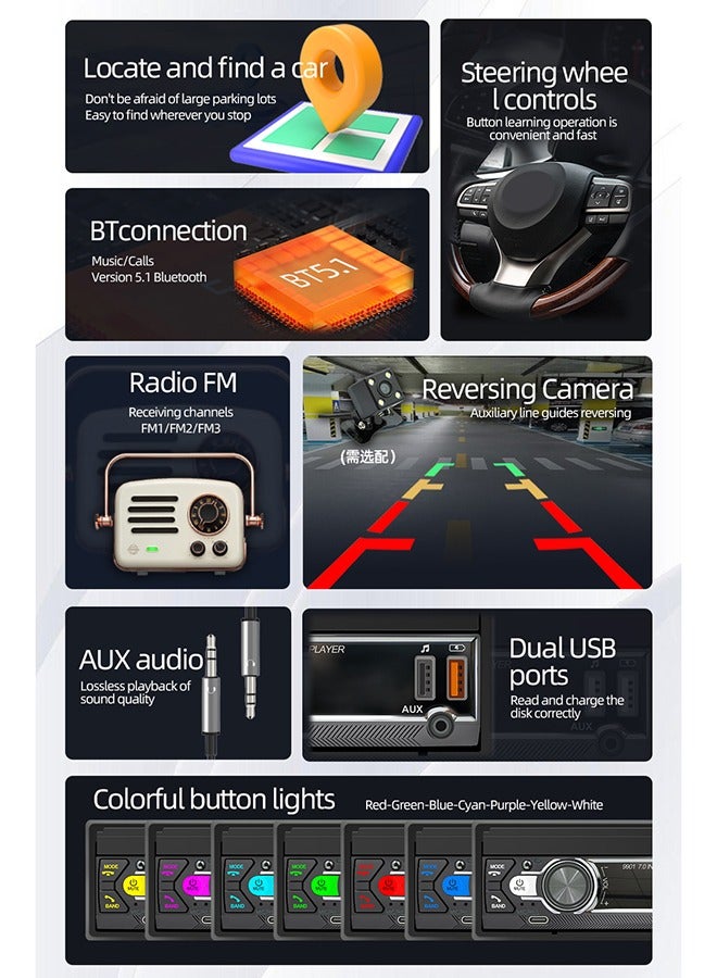 XUTIANZE 7-inch telescopic screen touch screen car MP5 player support location to find the car / dual USB port / AUX port / FM radio / seven-color button light / reverse camera - Image 4