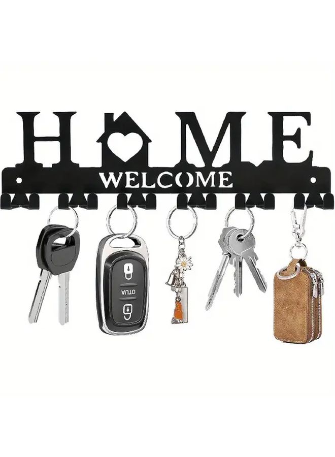 Black Metal Key Hanger Wall Mount with 6 Double Hooks Adhesive Key Holder Organizer for Entryway Hallway - Image 1