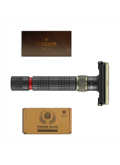 Adjustable Double Edge Safety Razor, The Emperor MEIJI by VIKINGS BLADE, Short & Fat Handle, Solid Brass, Butterfly Twist-To-Open, Eco Friendly, Luxury Case. Smooth, Close, Clean Shaving Razor