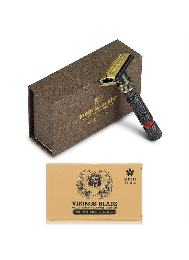 Adjustable Double Edge Safety Razor, The Emperor MEIJI by VIKINGS BLADE, Short & Fat Handle, Solid Brass, Butterfly Twist-To-Open, Eco Friendly, Luxury Case. Smooth, Close, Clean Shaving Razor