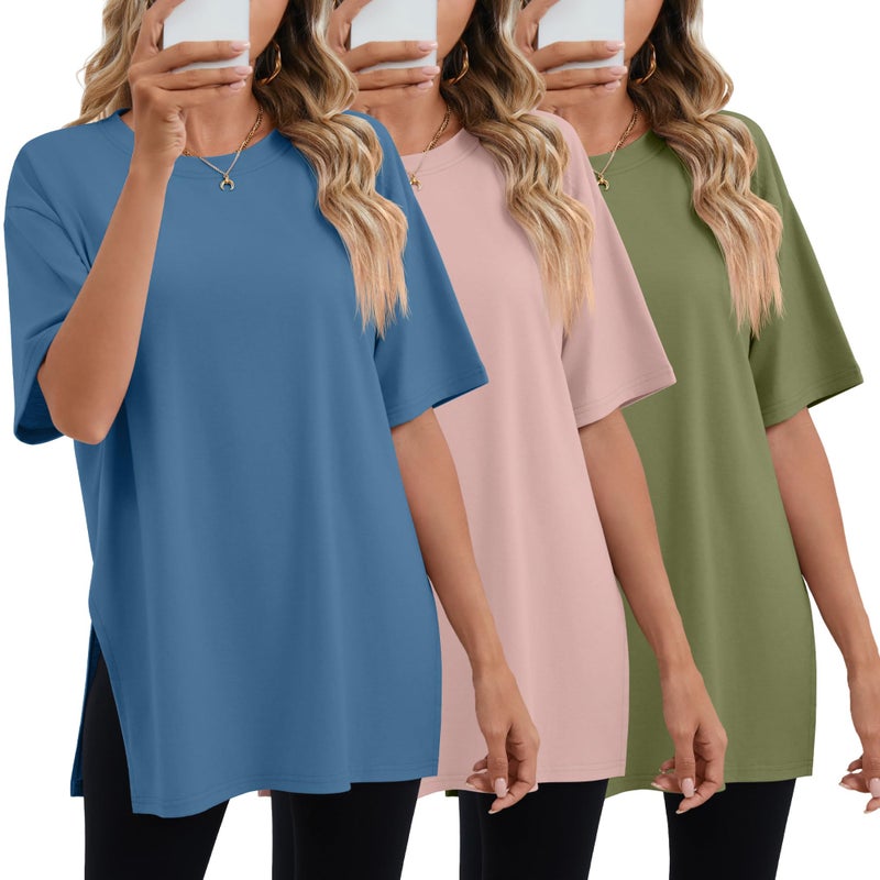 Huukeay 3 Pack Womens Oversized Gym T Shirts Cotton Short Sleeve Side Split Crewneck Tops Casual Workout Baggy Basic TeeHaze Blue Cinnamon Pink Grass GreenLarge